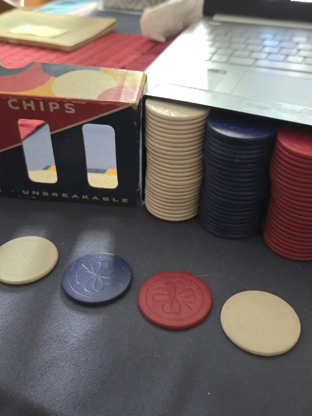Vintage Dennison's No. 42 Poker Chips Set 100 + 3 Count Original Box, Red, Blue